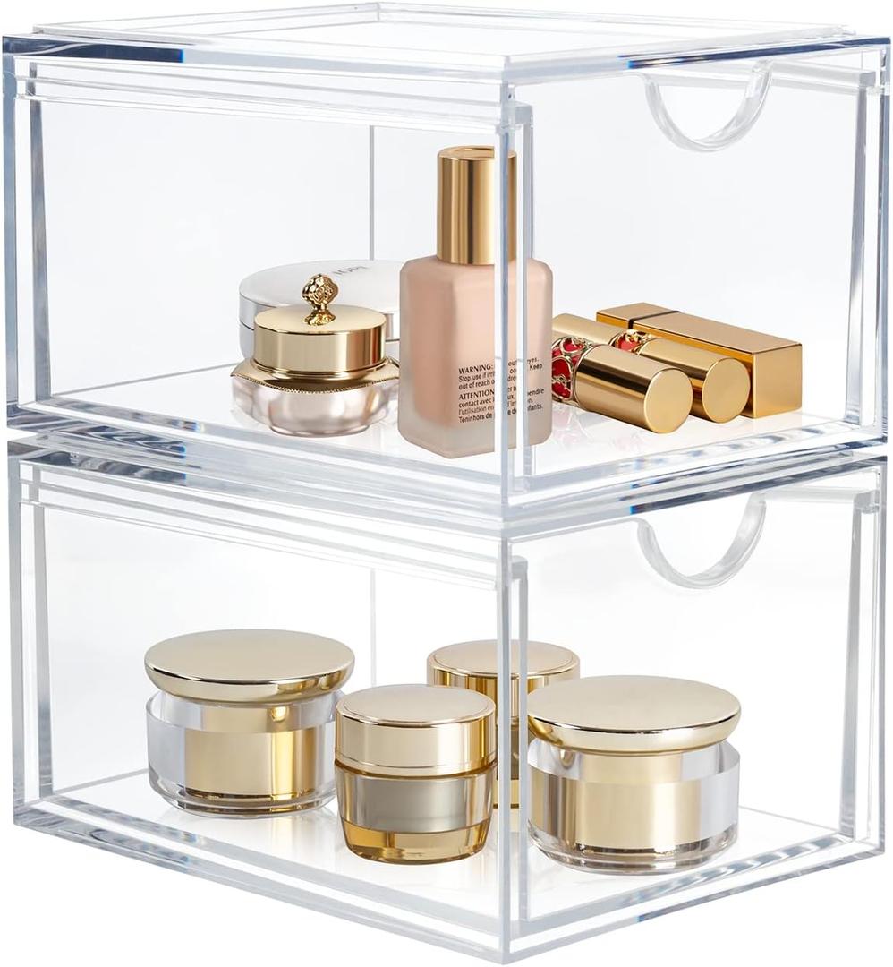 AMEITECH 2 Pack Clear Stackable Storage Drawer, Bathroom Makeup Organizer, Plastic Storage Bins, Acrylic Organization and Storage for Vanity, Kitchen Cabinets, Pantry, Undersink