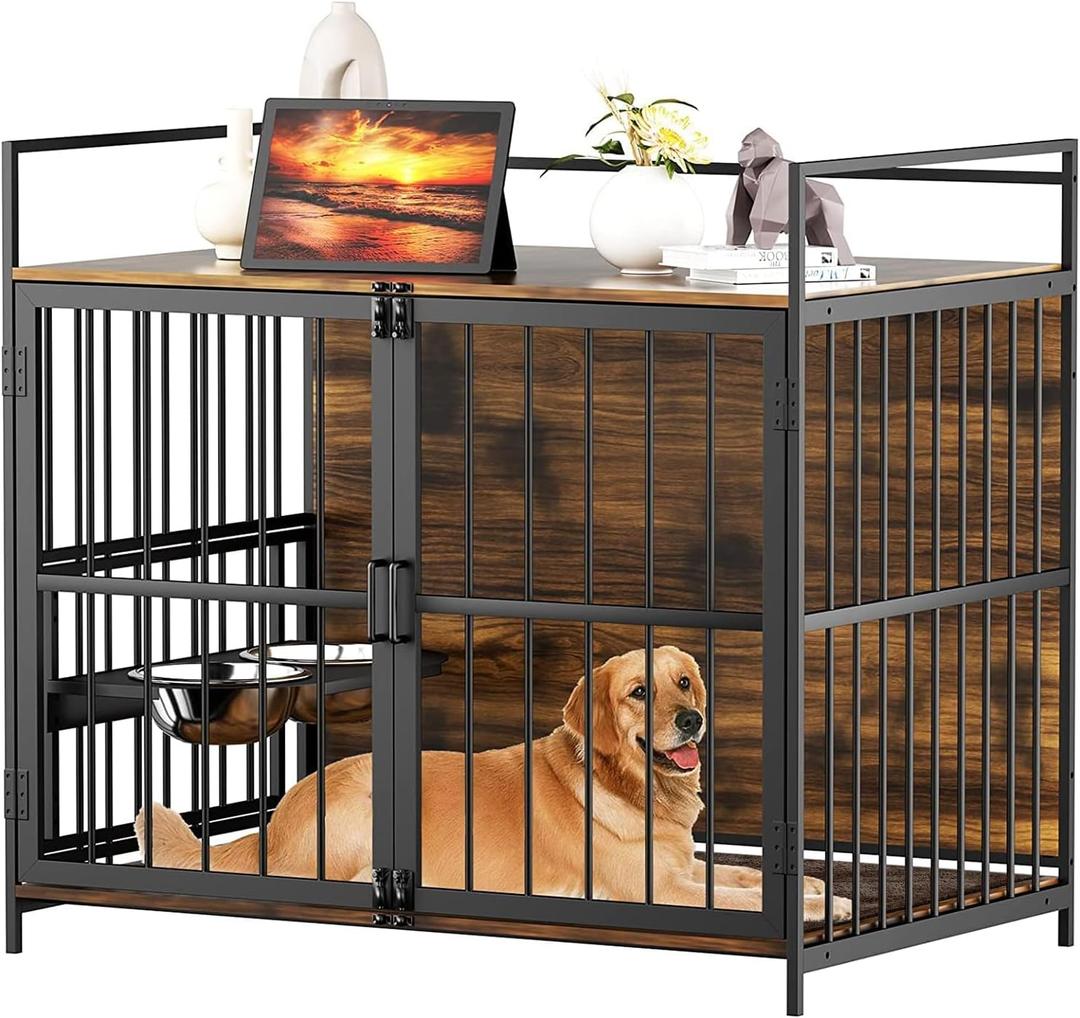 ROOMTEC Furniture Style Large Dog Crate with 360 & Adjustable Raised Feeder for Dogs 2 Stainless Steel Bowls -End Table House Pad, Indoor Use,41" L X 24" W 36" H, Classic Brown