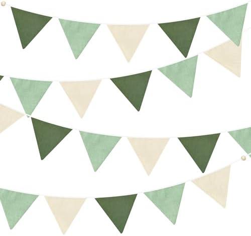 2 Sets of Sage Green Pennant Banner 24Pcs Nursery Garland Flags Olive Green Fabric Linen Triangle Streamers for Baby Room Decor Kids Jungle Safari Summer Birthday Baby Shower Boho Party Decorations