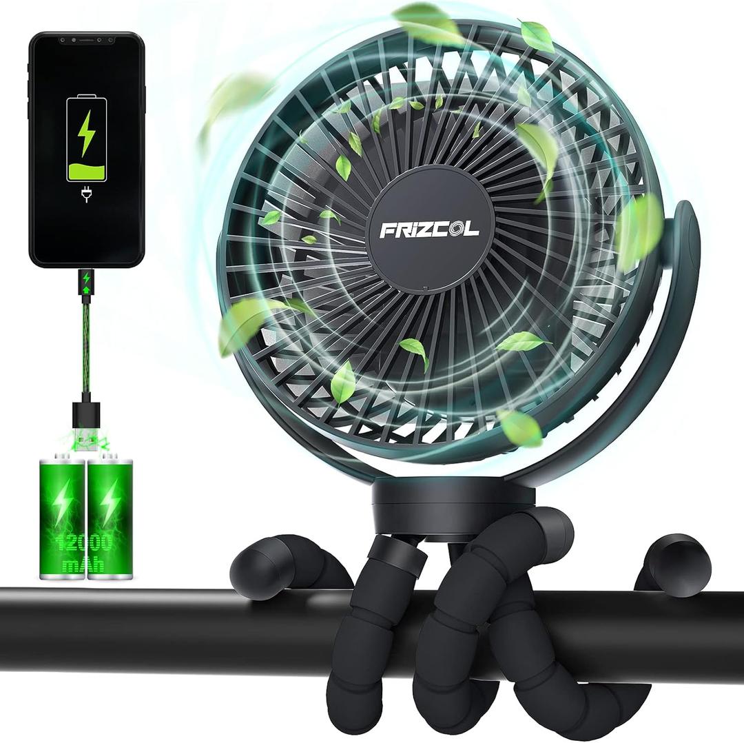 FRIZCOL Portable Stroller Fan, Use As Power Bank, 65H 12000mAh Battery Operated Fan Flexible Tripod Baby Car Seat Fans with Timming, Personal Mini Handheld/Desk/Small Clip On Fans For Stroller (Black)