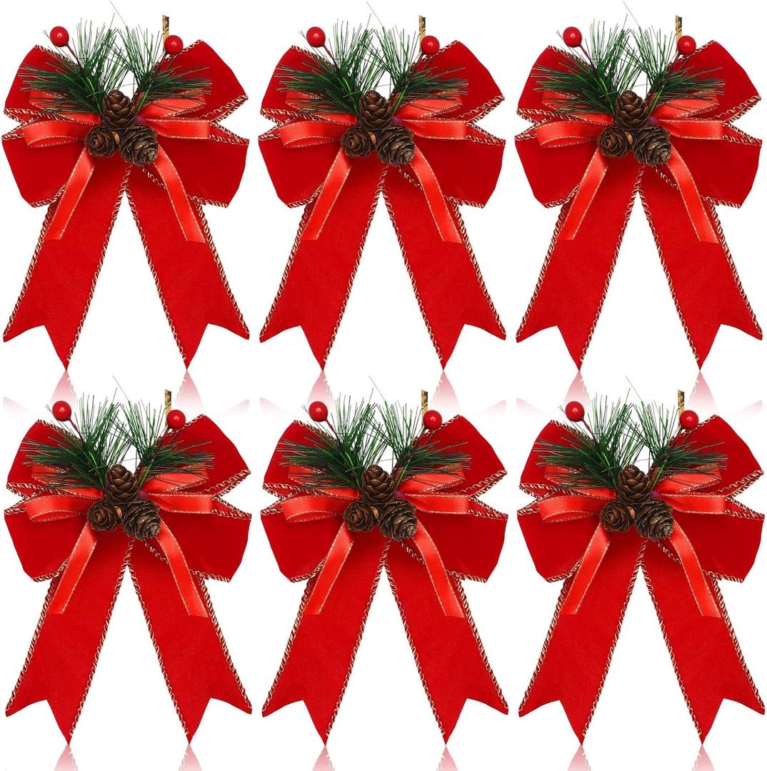 Syhood 6 Pcs Christmas Bows with Pine Cones Pine Needles Xmas Velvet Bows Red Ribbon Christmas Tree Wreath Decoration for Xmas Parties Indoor Outdoor Crafts DIY Decor