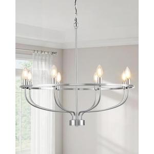 YUNNIX 8 Light Brushed Nickel Chandelier for Dining Room, 30 Inch Wagon Wheel Light Fixture, UL Whole Fixture, Silver Modern Farmhouse Candelabra Chandelier with Chain for Living Room, Entrance, Foyer