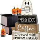 4 Pcs Halloween Table Decorations, Wooden Ghost Coffee Bar Decor, Fall Farmhouse Tiered Tray Signs, Rustic Boo Tabletop Centerpiece for Home Kitchen Office Shelf