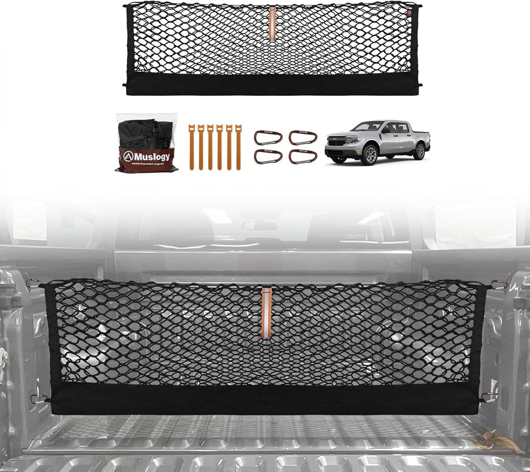 Muslogy Truck Bed Cargo Net Trunk Netting Compatible with 2022-2025 2026 Ford Maverick (V2) Accessories, Pickup Cargo Organizer SUV Sedan Storage Net w/Heavy Duty Carabiners