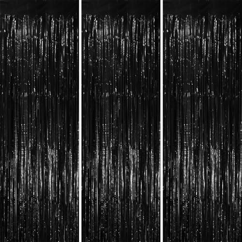 Voircoloria 6 Pack 3.3x8.2 Feet Black Foil Fringe Backdrop Curtains, Tinsel Streamers Birthday Party Decorations, Fringe Backdrop for Graduation, New Years, Halloween, Disco Party