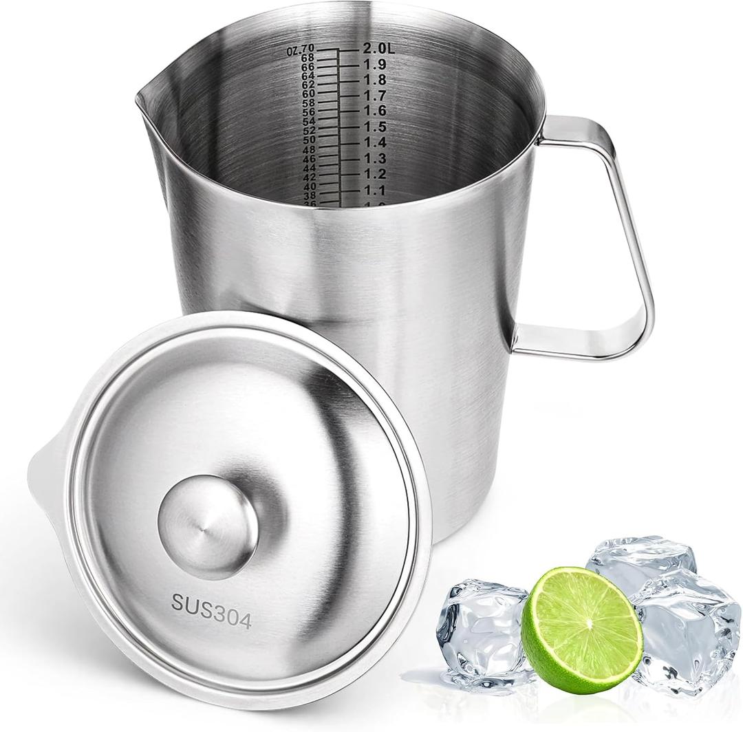 Stainless Steel Pitcher with Lid 2 L 70 oz Measuring Cup with Marking Metal Water Container with Handle Milk Frothing Jug for Iced Tea Hot Cold Water