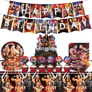 Wrestling Birthday Supplies, 55Pcs Wrestling Decorations include Banner, Tablecloth, cake topperPlates and Napkins for Teens Kids Party Decor