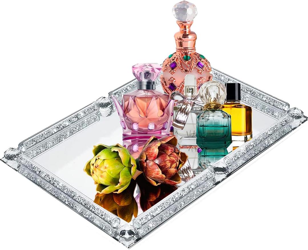 Large Crystal Tray, Glass Mirror Modern Jewelry Trinket Trays with Crushed Diamond, 15.7" x 11.8" Rectangular Makeup Perfume Tray for Bathroom Bedroom, Home Decor, Hotel Banquet, Party (Silver C)