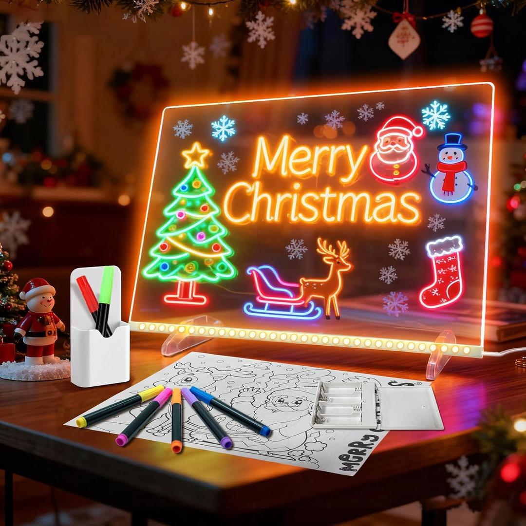 LED Note Board with Colors-Light Up Acrylic Dry Erase Board with 6 Modes & 8 Colors,13.7"X10" Include 7 Markers, Hanging Chain, Battery Case, Led Writing Board with Battery Pack for Home/Office/Decor