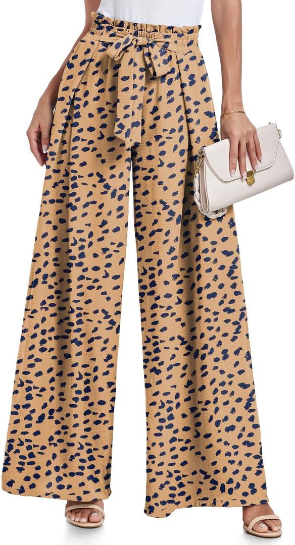 Lepunuo Wide Leg Pants for Women High Waisted Palazzo Pants Work Casual Flowy Tie Knot Trousers with Pockets (Small, Leopard - Khaki)