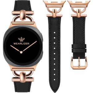 Wearlizer Leather Bands Compatible with Samsung Galaxy Watch 8 Band 40mm 44mm/Watch 8 Classic 46mm, Dressy Designer Slim Leather Strap Wristband Accessories with D-Shape Metal Buckle for Women (Black/Rose Gold)