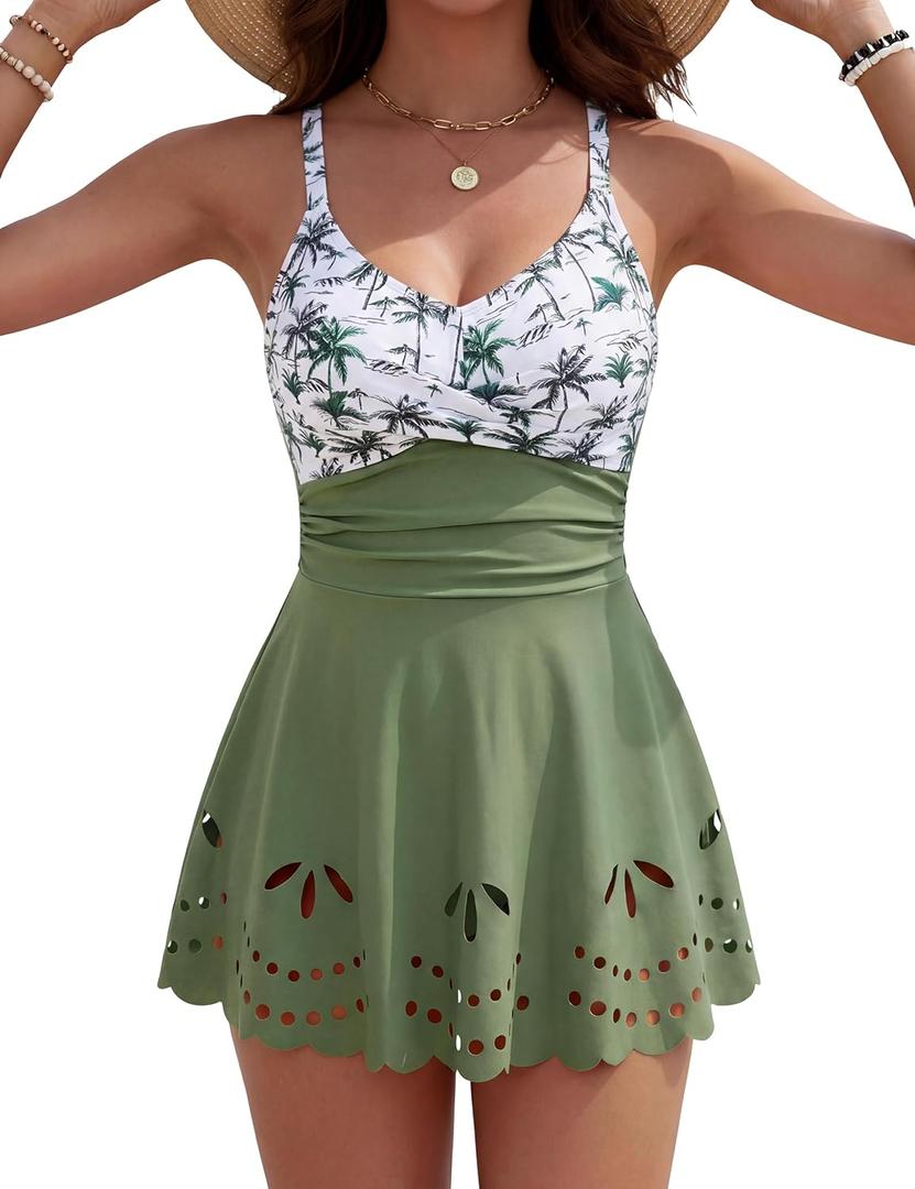 Womens Tankini Swimsuits Tummy Control Bathing Suit Twist Front Cutout Swim Dress with Bikini Bottoms (Green, XL)