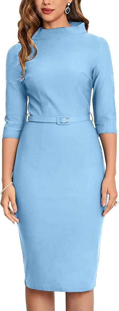 MUXXN Women's 1950s Vintage 3/4 Sleeve Elegant Collar Cocktail Evening Dress (Blue, M)