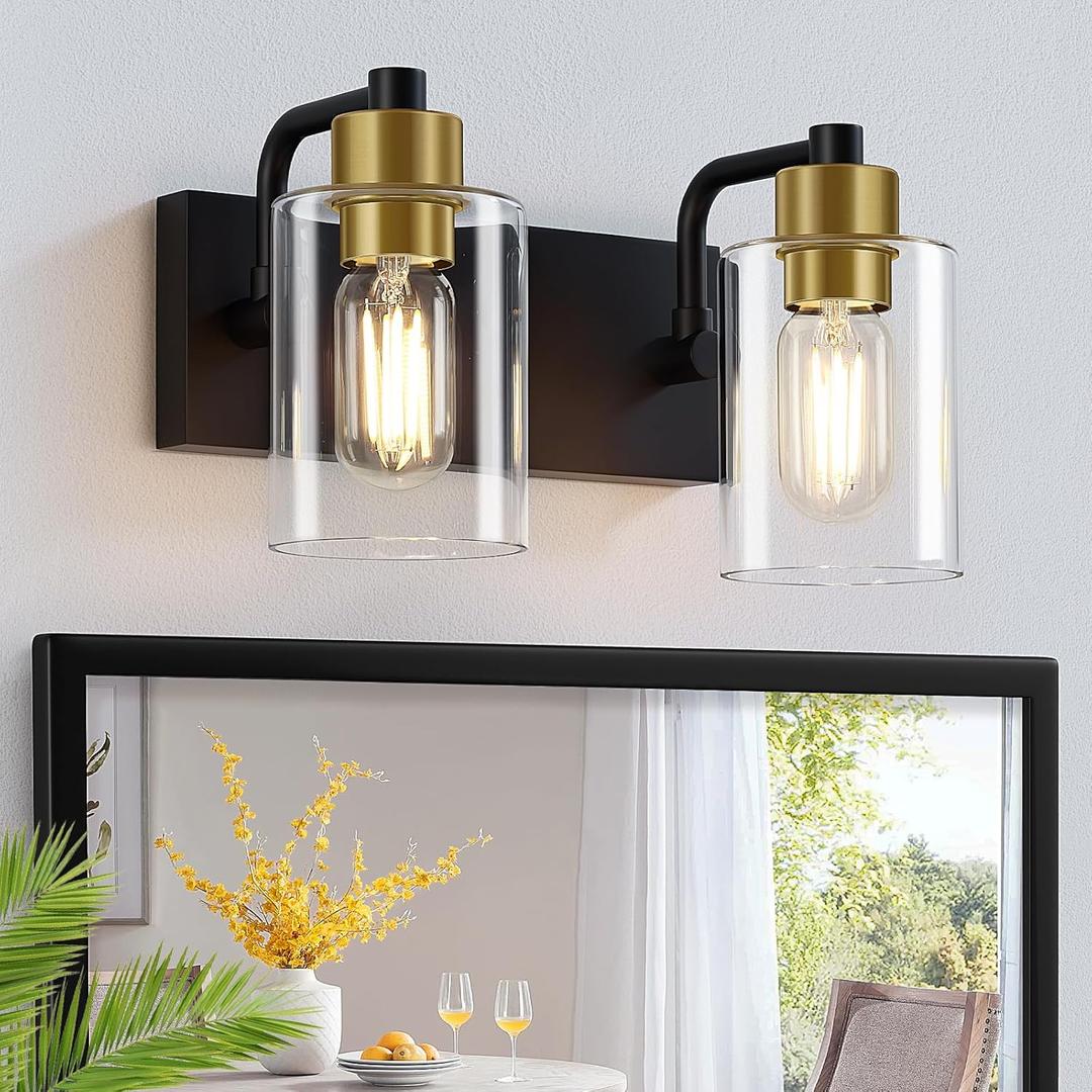 Bathroom Light Fixtures, Matte Black and Gold 2-Light Bathroom Lights Over Mirror with Clear Glass Shade,Wall Sconces for Bathroom