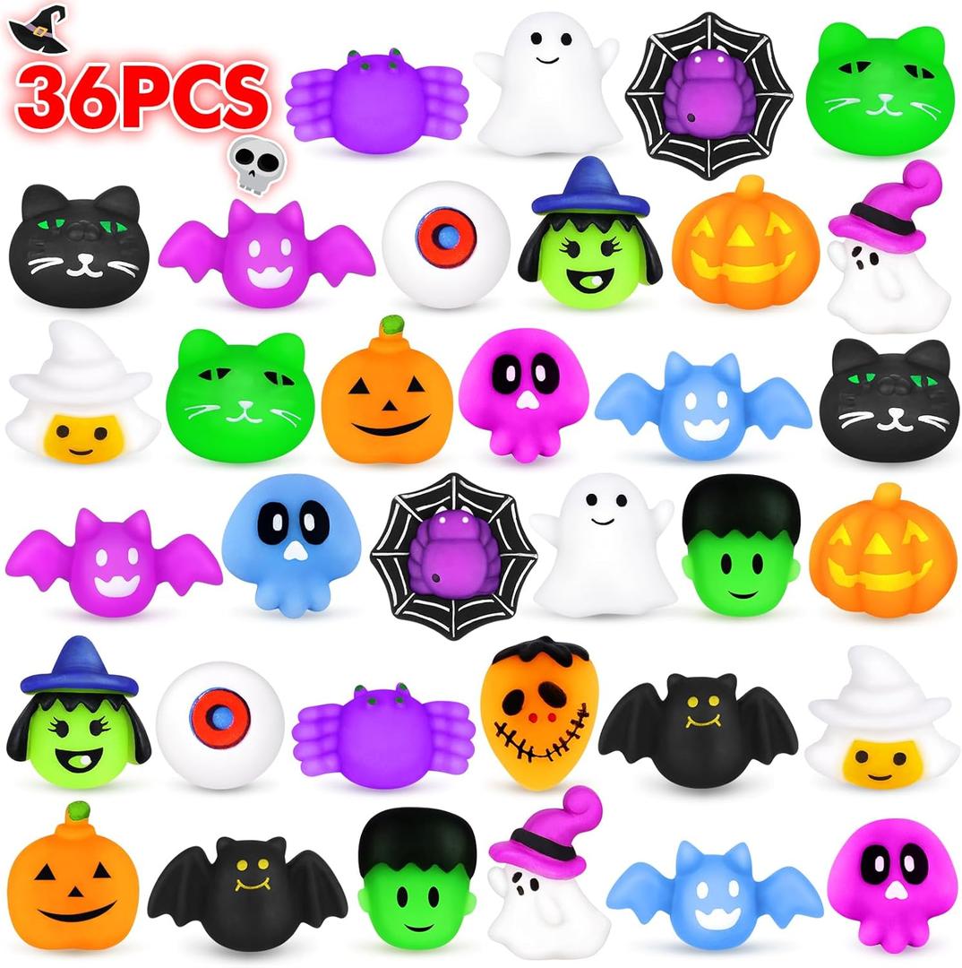 NPET 36pcs Halloween Mochi Squishies Toy, Kawaii Halloween Party Favor Squishies Toy Treats Goody Bag Filler Gifts, Ghost Spider Squishies Decoration Toys Stress Relief Toys Kids