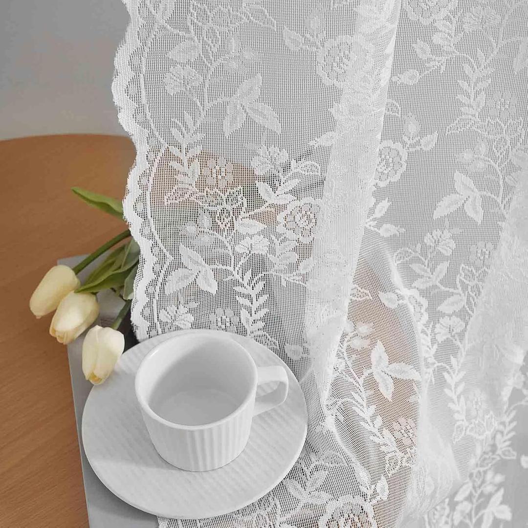 FINECITY White Lace Curtains 54 Inch Length for Bedroom, Rustic Leaf Floral Pattern Lace Curtain Panels, Rod Pocket Vintage Privacy Sheer Lace Curtains, 42 x 54 Inch, 2 Panels, White