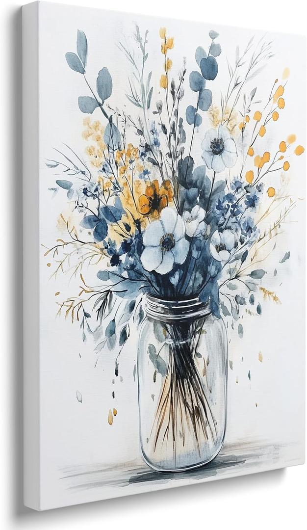Framed Navy Blue Prints Vintage Daisy Floral Picture Wall Decor Gift Modern Poster Retro Simple Rustic Flower Canvas Wall Art Wildflower Painting for Living Room Bathroom Artwork (16"x24")