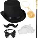 Jadive 6 Pcs 1920s Men Accessories Gentleman Costume Hat Round Head Scepter Magnifying Glass Necklace Bow Tie Gloves Beard (Stylish Style, Gold)