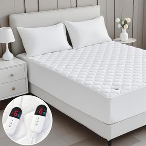 Heated Mattress Pad King Size, Quilted Electric Mattress Pad, Dual Controller, Bed Warmer Fit up to 21", 6 Heat Settings, 1-10 Hours Auto Off, Fast Heating, White