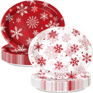 30 Count Christmas Oval Disposable Paper Plates Large Snowflake Paper Plates for Xmas Wedding Birthday Candy Christmas Party Supplies