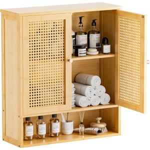 HITNET Bathroom Cabinet Wall Mounted, Rattan Medicine Cabinet, Bamboo Hanging Storage Organizer Over The Toilet with Adjustable Shelf for Living Room, Kitchen, Entryway (Natural)