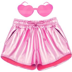 Girls Metallic Shorts Shiny Hot Pants for Dance Gymnastics Sparkly Shorts with Sunglasses (Medium, Pink)