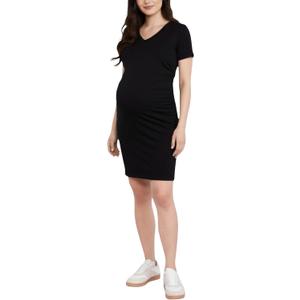 Motherhood Maternity Women's V-Neck Short Sleeve Side Ruched Bodycon Mini Pregnancy Dress (Black, L)