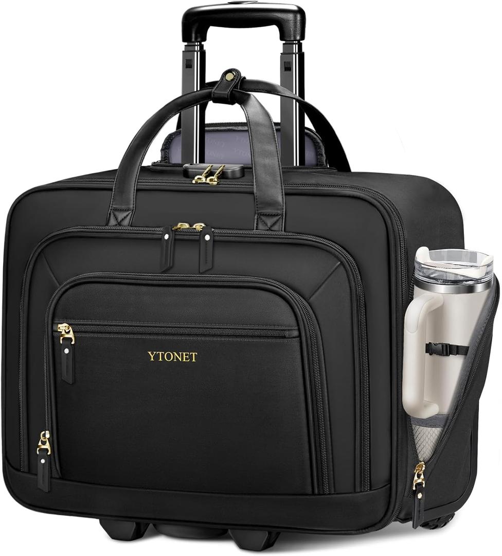 Ytonet Rolling Laptop Bag Women, 17.3 Inch Laptop Briefcase with Large Cup Holder, Carry On Luggage with Insulated & Waterproof Pocket, Roller Bag with Lock, Teacher Bag for Work Travel, Black