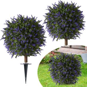 2 Pack 23.6" Artificial Flowering Topiary Tree, Realistic Fake Plants with Ground Spike, UV Resistant for Outdoor, Indoor, Porch, Garden, Patio Decor (Purple)