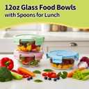1.5 Cup Round Glass Food Container with Lids and Folding spoon, Small Round Glass Storage Container, 12oz Food Bowls with Spoons for Lunch Office, Oven, Freezer, Dishwasher Safe (4Pack)