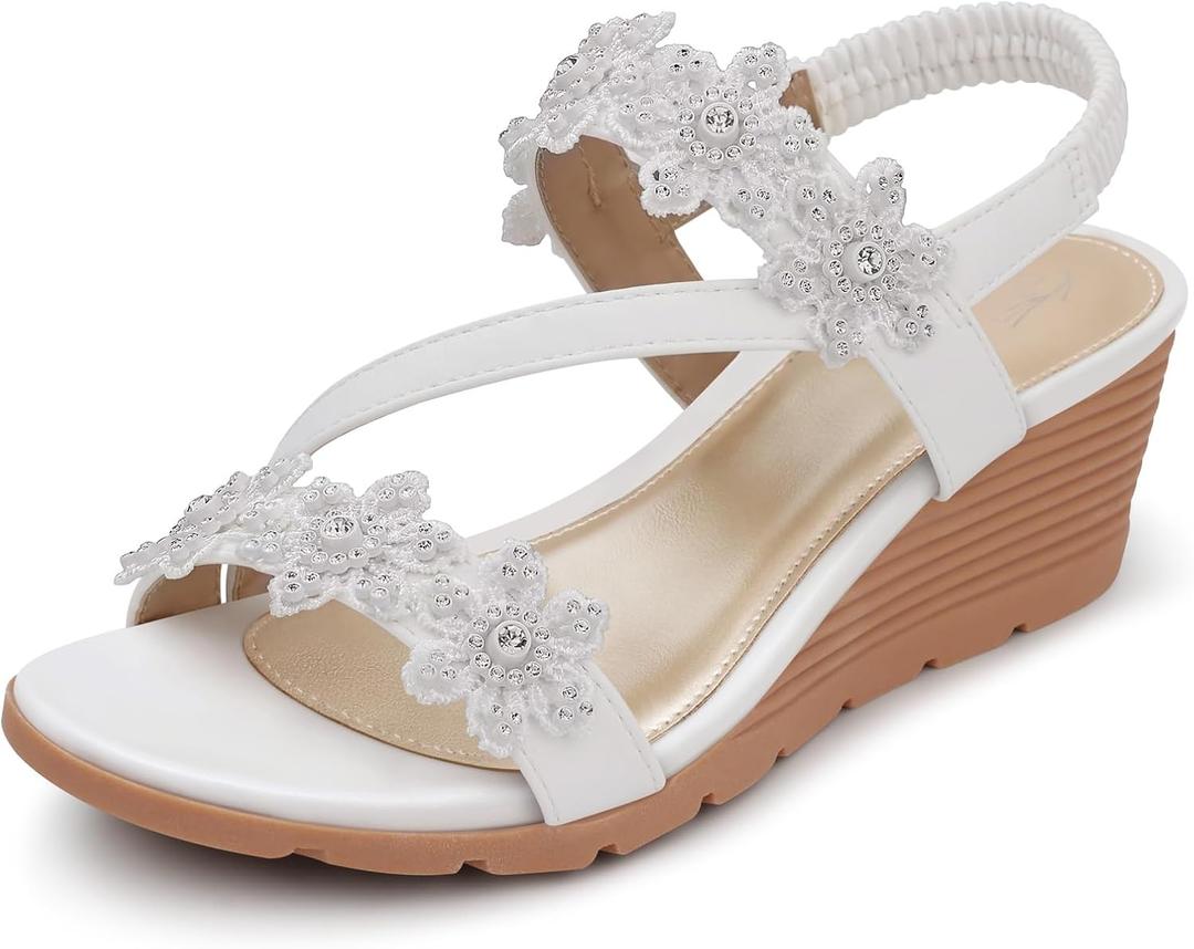 SHIBEVER Wedge Sandals for Women Dressy: Summer Open Toe Low Platform Wedges Sandals Elastic Ankle Strap Flower Comfortable Casual Shoes (7, 1805-white)