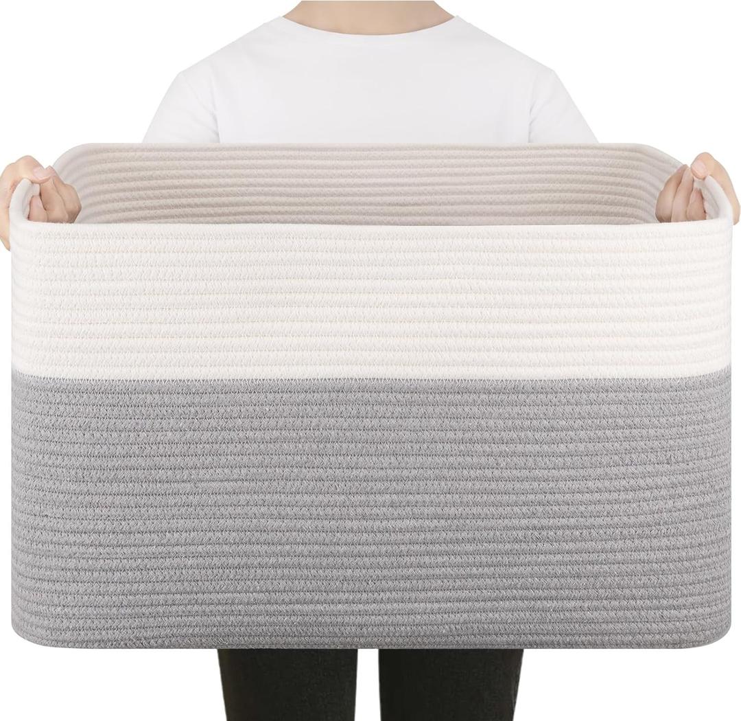 75L Large Blanket Basket, Toy Basket Bin for Kids, Cotton Rope Woven Storage Baskets for Living Room, Bedroom, Nursery, Baby Room Decorative Organizer, 22''17''12'', Grey and White