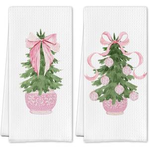 Chinoiserie Pink Bow Christmas Kitchen Towels, Christmas Bauble Tree Dish Tea Towels, Grandmillennial Xmas Decorative Hand Towel for Kitchen Bathroom, 16x24 Inch Set of 2