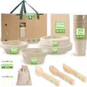 200pcs Compostable Paper Set Eco-friendly Heavy-duty Disposable Plates Cutlery Utensils, Bamboo Plates Bowls Forks Knives Spoons Cups Straws fruit sticks for Wedding Party Picnic