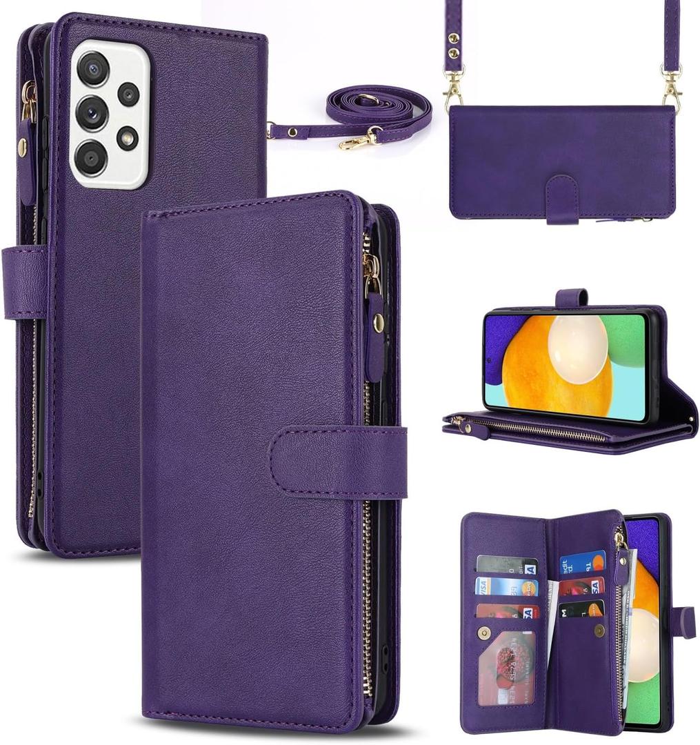 iCoverCase for Samsung Galaxy A52 5G Wallet Case with Card Holder for Women, Crossbody Lanyard Strap Kickstand PU Leather Case with Zipper Pocket Credit Card Slots Cover (Purple)