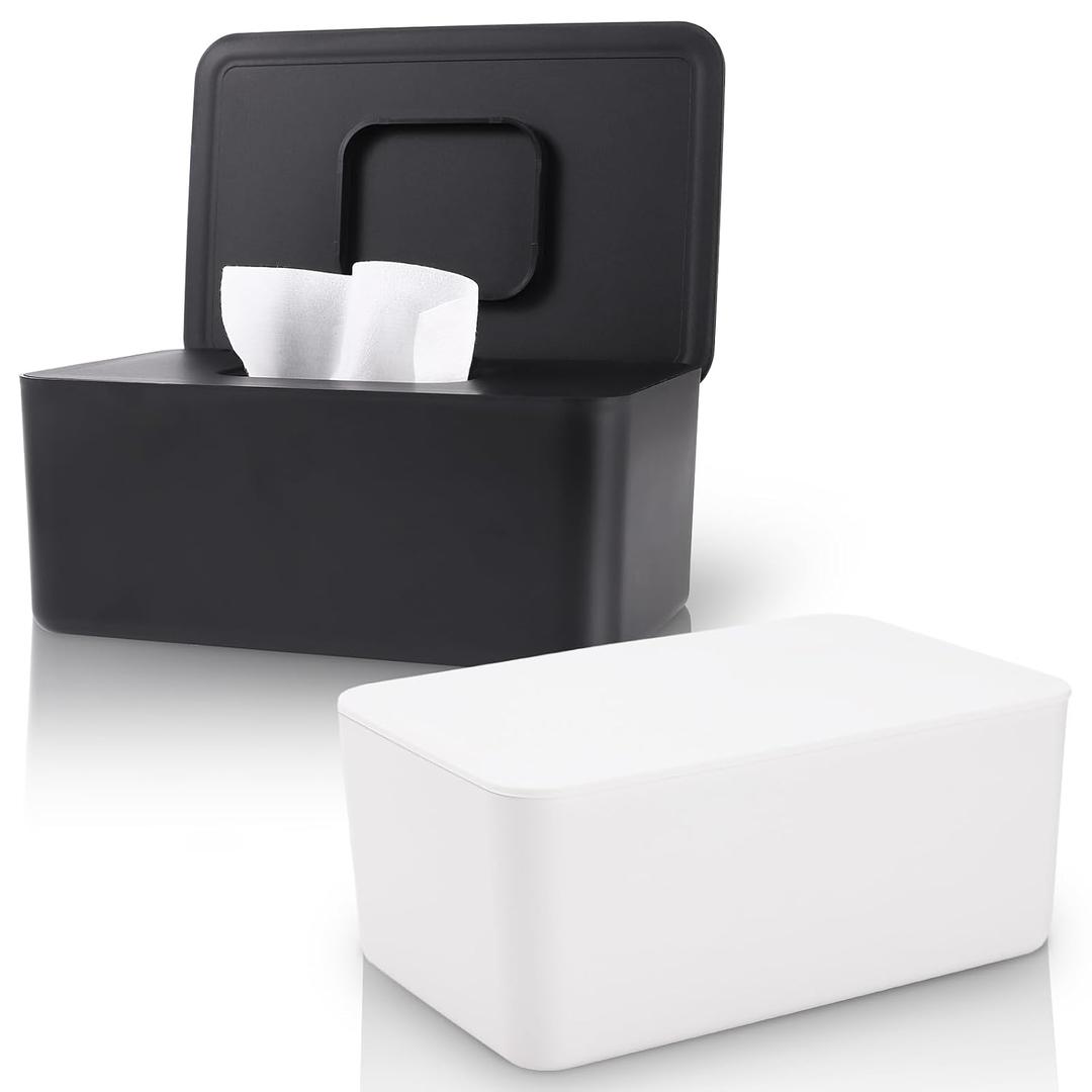 2 Pack LEQXGO Baby Wipes Dispenser, Wipes Dispenser Baby Wipes Case, Baby Wipe Holder for Fresh Wipes, Non-Slip Wipes Case, Wipe Container with Sealing Design Lid (Black and White)