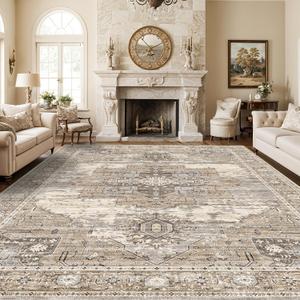 RUUGME Living Room 10x14 Area Rugs - Washable Lightweight Area Rug Stain Resistant Carpet Vintage Soft Rugs for Bedroom with Non Slip Backing Indoor Ultra-Thin Rugs Home Decor 10x14 Beige