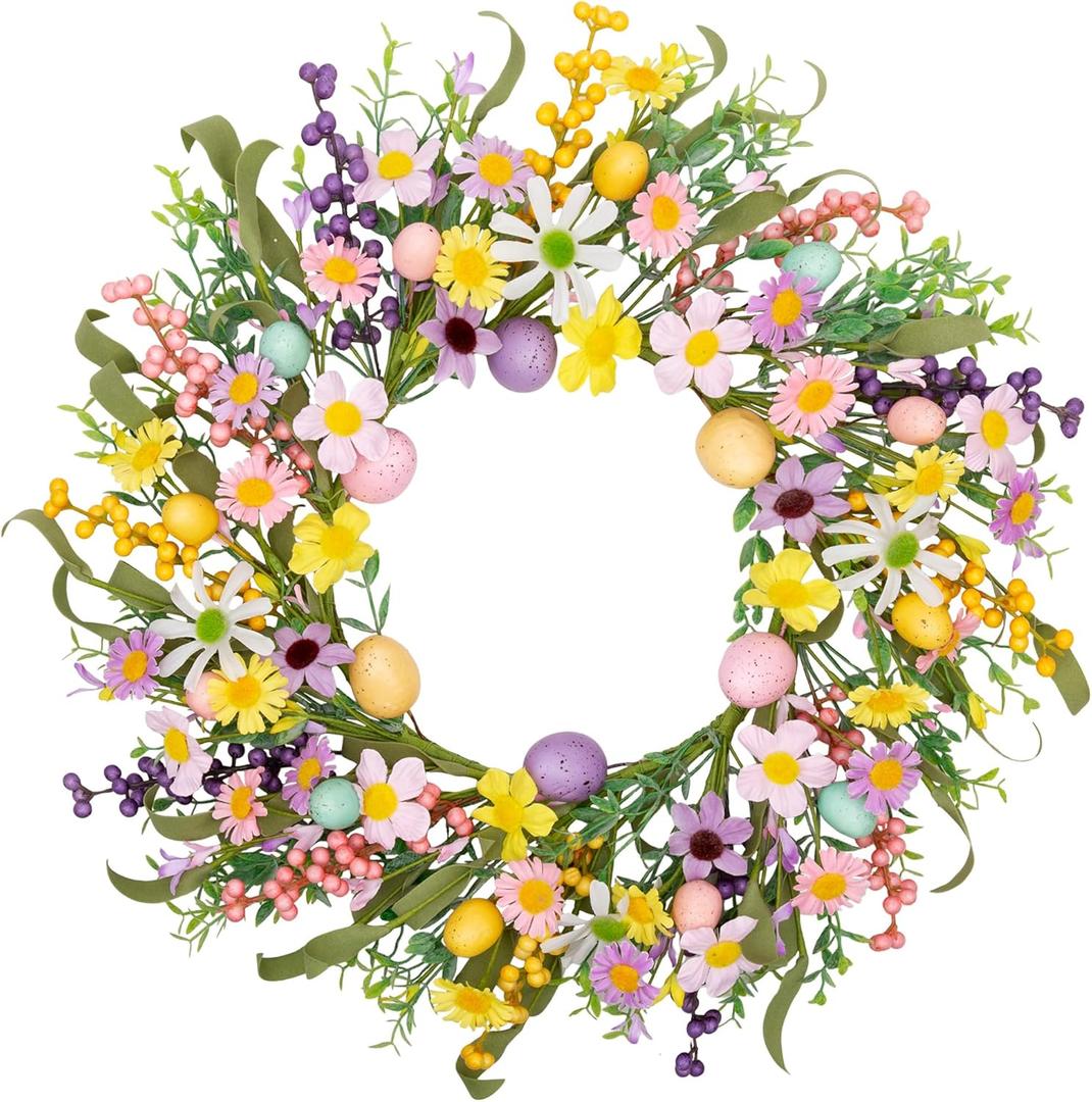 20 Inch Easter Wreath for Front Door Spring Flower Wreath with Colorful Eggs Easter Decorations for Gifts Party Holiday Home Wall Window