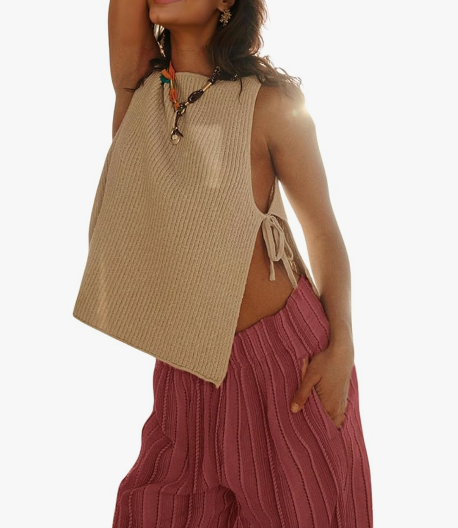 Womens Spring Summer Sleeveless Side Tie Sweater Top Stylish Ribbed Knit Dropped Tank 2025, Size: S