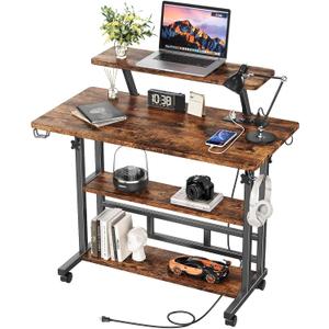 Adjustable Height Standing Desk with Power Outlets, Rolling Stand Up Desk with Monitor Stand and Storage Shelves, 31.5" Small Mobile Computer Desk, Portable Laptop Table (Retro Brown)
