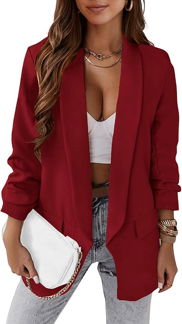 KIRUNDO Blazers for Women Oversized Business Casual Long Sleeve Open Front Work Office Suit Jackets Trendy Clothes (X-Large, Red)