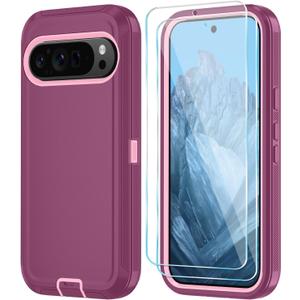 Qinmay Phone Case for Google Pixel 10 Pro XL Case with HD Screen Protector, Heavy Duty Shockproof & Dropproof 3-Layer Cover Phone Case (WineRedPink, for Pixel 10 Pro XL)