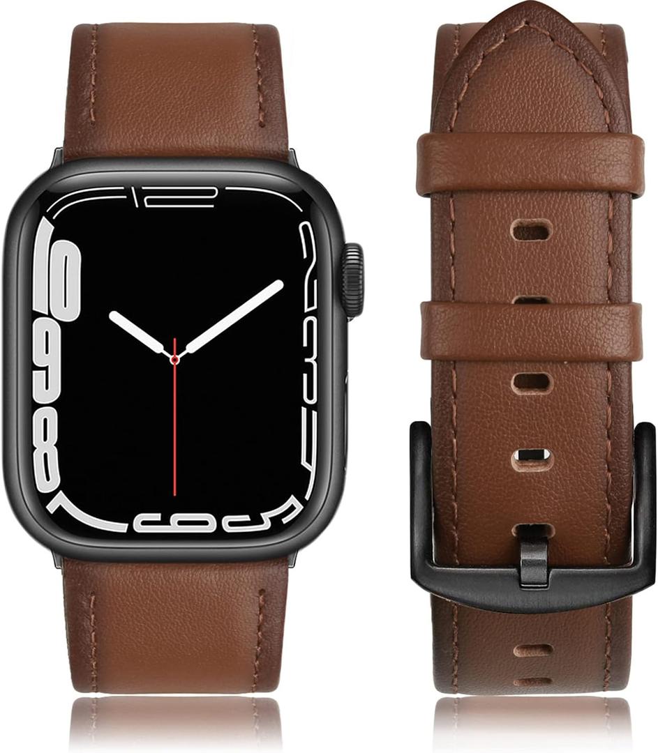 Leather Band Compatible with Apple Watch Bands 46mm 45mm 44mm 42mm (Series 1/2/3) Men Women, Vintage Genuine Leather Replacement Wristband for iWatch Series 10 9 8 7 6 5 4 3 2 1 SE Retro Walnut