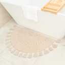 Boho Bathroom Rugs - Half Circle Cotton Mat with Crochet Insert and Tassels - Non-Slip Bohemian Rug for Bath, Bedroom or Entryway - Neutral Cream Decorative Rug - 42x22 Soft Machine Washable (Off-white)