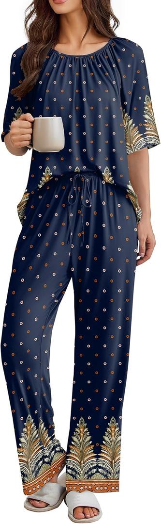 Ekouaer Pajamas for Women Set Short Sleeve Printe Lounge Sets Soft Pjs Round Neck Loungewear with Pockets (X-Large, Navy Blue Feather)