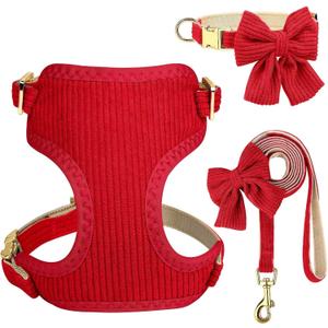 Didog Cute Small Dog Harness Collar and Leash Set with Bowtie, Breathable Soft Mesh Padded Puppy Harness, Christmas Dog Harness for for Parties, Holiday Gatherings & Gifts, Red, M