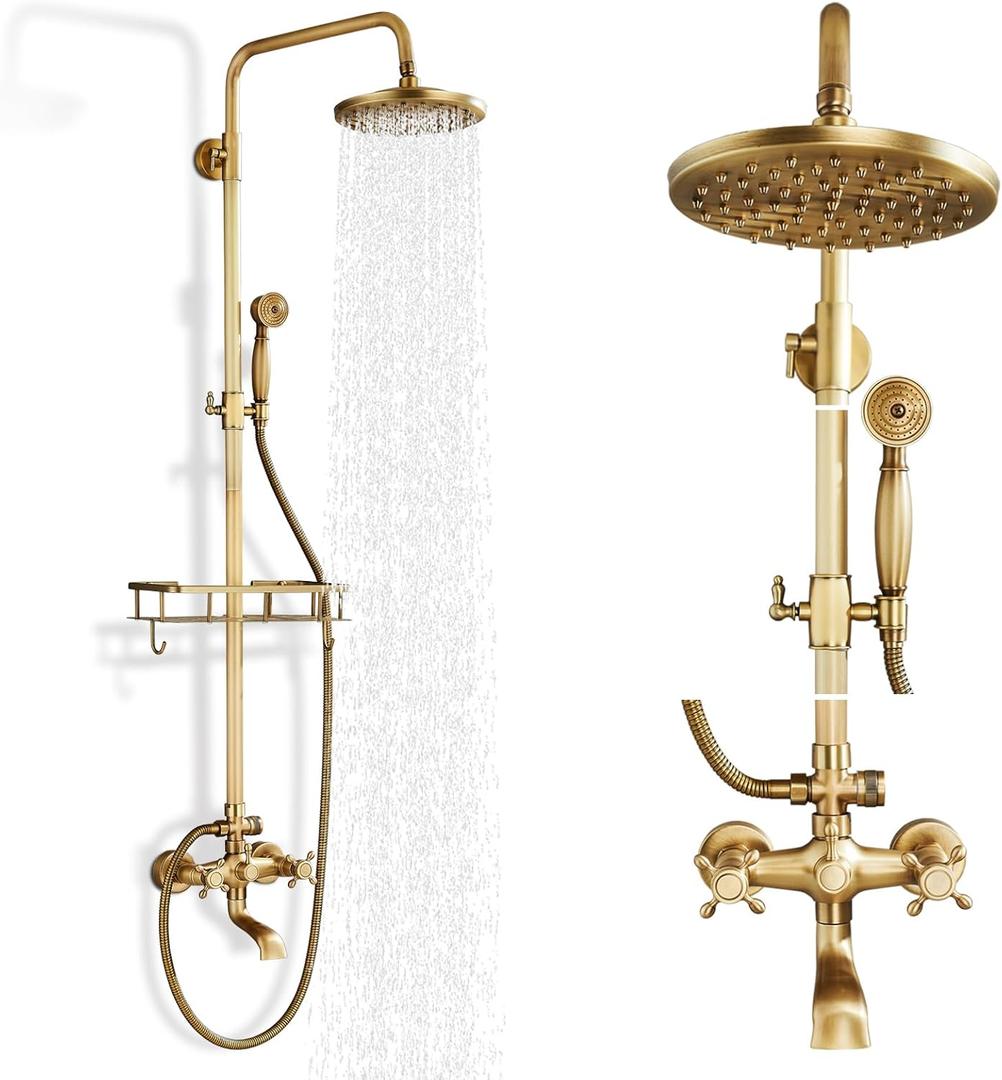 Antique Brass Shower Fixture Bathroom Shower Faucet Set 8 Inch Rainfall Shower Head Handled Shower Waterfall Tub Spout Wall Mounted Outdoor Shower System with Shower Shelf