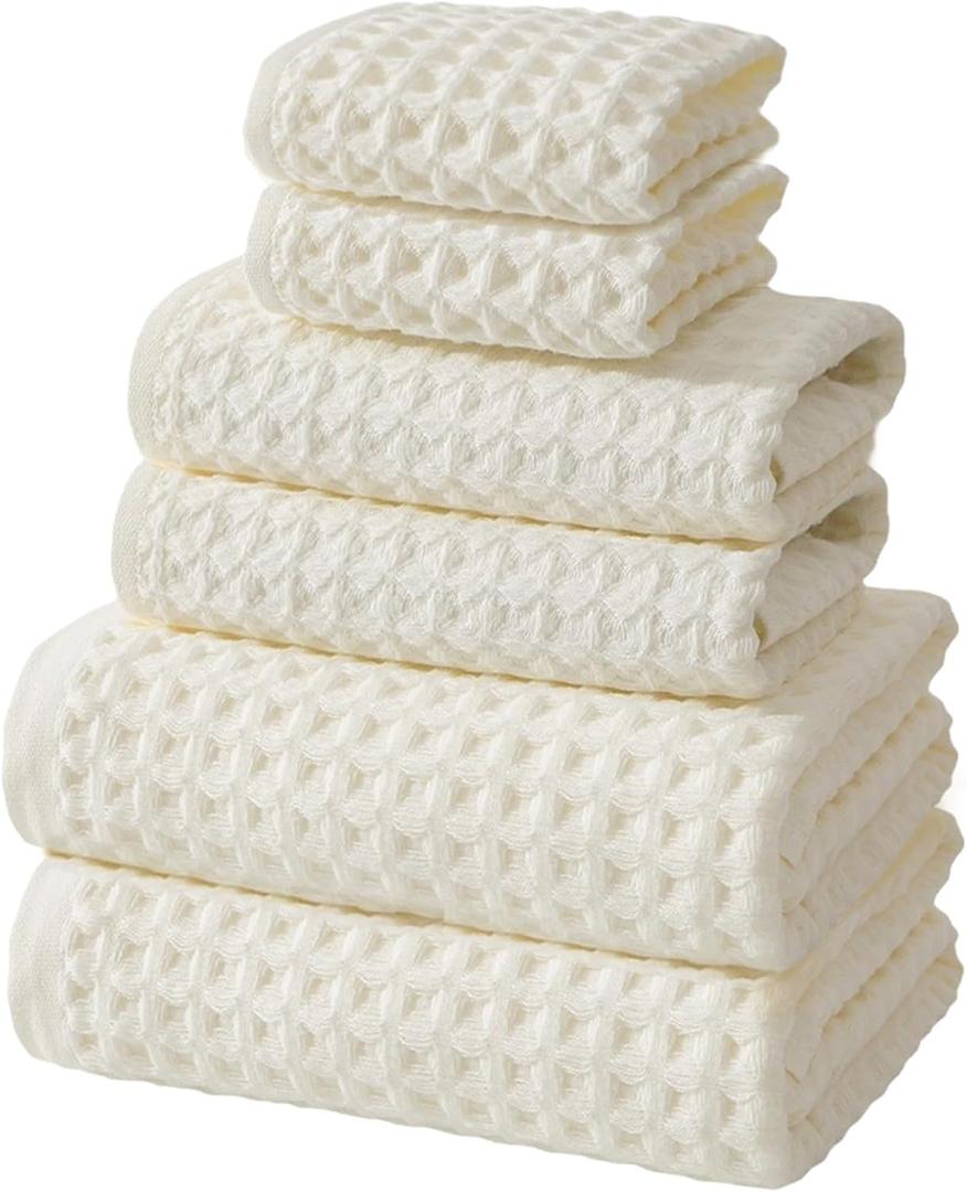 SK Studio 6 Piece Cotton Hotel Waffle Towel Set - 2 Bath, 2 Hand, 2 Washcloths - Large, Absorbent, Quick Dry for Bathroom Spa - White 