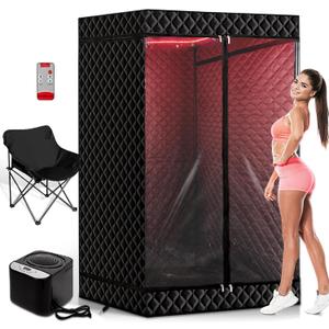 New UpgradeRed Light Sauna Box for Relaxation,Detoxification,Portable Steam Sauna for Home with XL Steamer,16 Levels, 75x 40x40Double DoorsLarger Folding Chair, Gym-Black (Black)