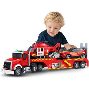 SpringFlower Extra Large Fire Truck Toys for Boys Girls with Racing Car and Helicopter, Lights, Sounds, Semi Truck Vehicle Toy for Toddlers 3 4 5 6 7, Christmas Birthday Gift